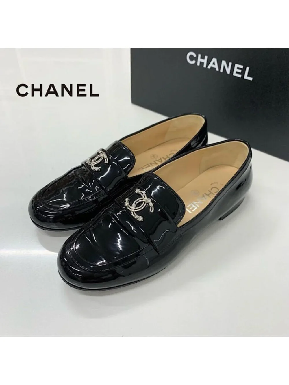 Chanel CC Logo Patent Rhinestone Pearl Loafers Black